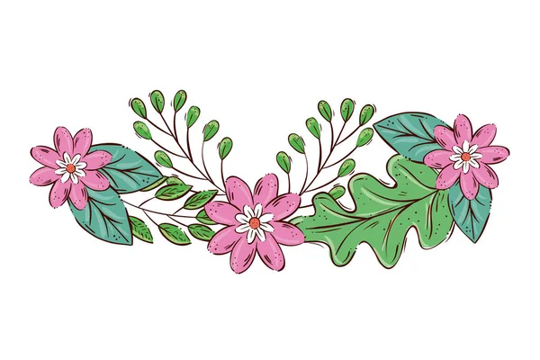 Украшение милые цветы розового цвета с ветками и листьями — стоковый вектор