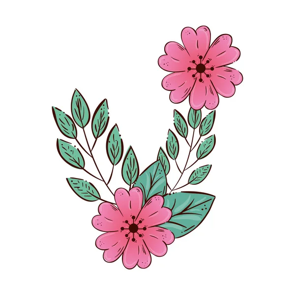 Niedlichen Blumen rosa mit Zweig und Blättern isoliert Symbol — Stockvektor