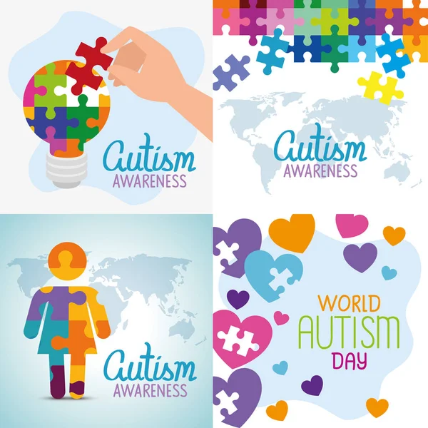 Set poster of world autism day with decoration — Stock Vector