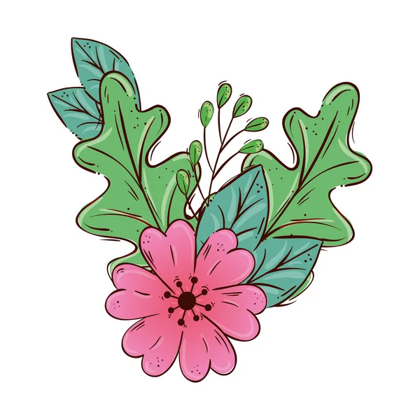 Rosa flor bonito com ramo e folhas ícone isolado — Vetor de Stock