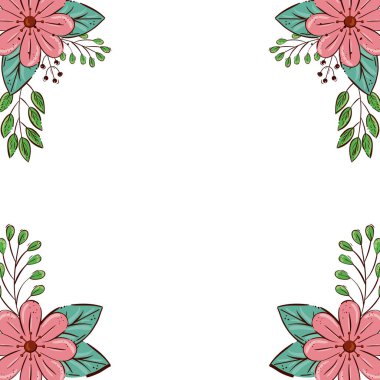 frame of flowers pink color with branches and leafs natural