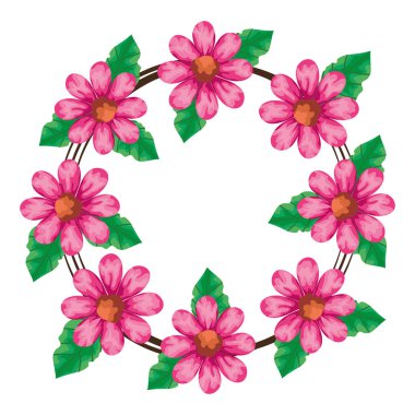frame circular of flowers pink color with leafs natural