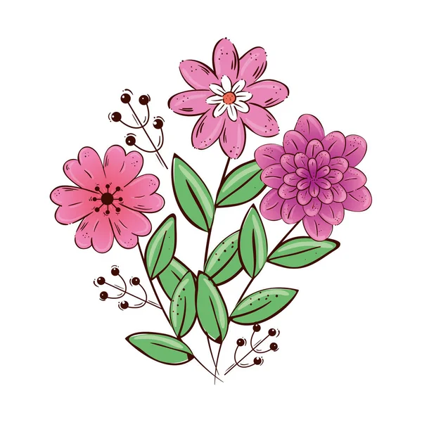 Cute flowers pink and purple with leafs — Stock vektor