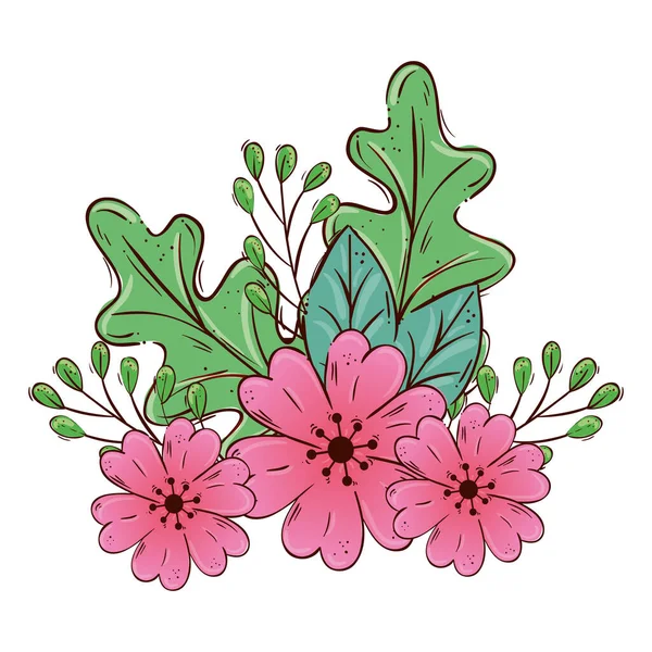 Cute flowers pink with branches and leafs isolated icon — Stock Vector