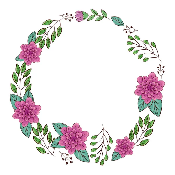 Frame circular of flowers purple with branches and leafs — Stock Vector
