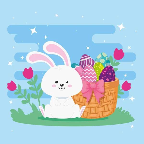 Rabbit with eggs easter in basket wicker and decoration — Stock Vector