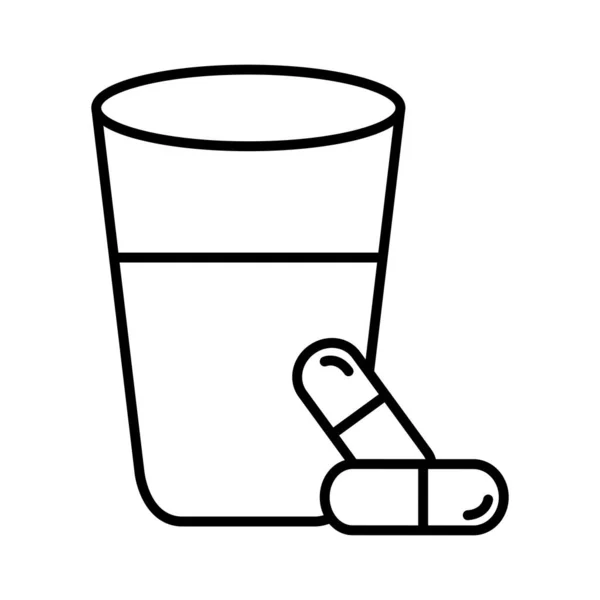 Cápsulas medicamentos con botella de agua, icono de estilo de línea — Vector de stock