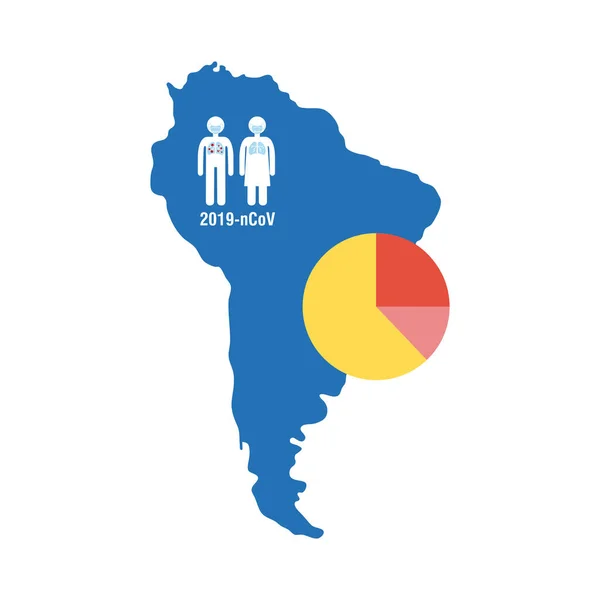 Mappa del Sud America con covid 19 informazioni e icone, icona in stile piatto — Vettoriale Stock