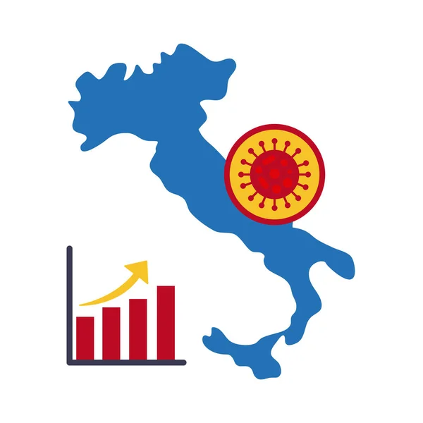 Mapa de italia con covid 19 información e iconos, icono de estilo plano — Vector de stock