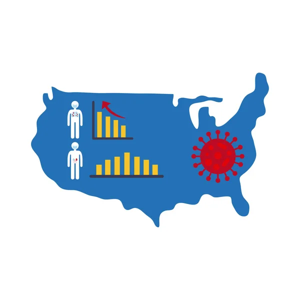 Carte des Etats-Unis avec des informations et des icônes covid 19, icône de style plat — Image vectorielle