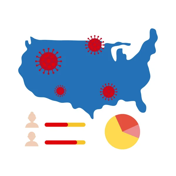 Carte des Etats-Unis avec des informations et des icônes covid 19, icône de style plat — Image vectorielle