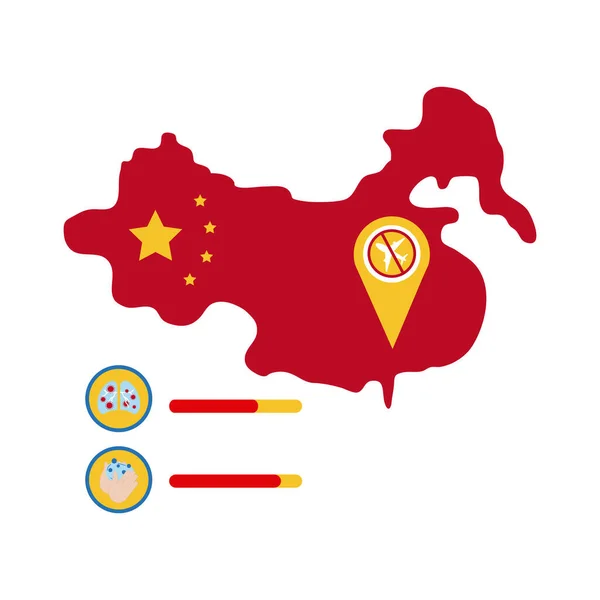 Mapa da China com covid 19 informações e ícones, ícone de estilo plano — Vetor de Stock
