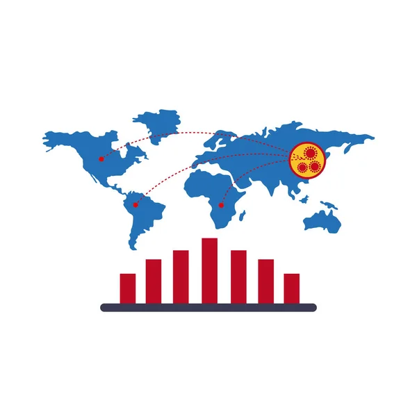 Mapa del mundo con covid 19 información e iconos, icono de estilo plano — Vector de stock