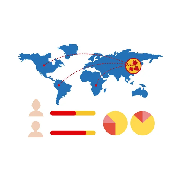 Mapa do mundo com covid 19 informações e ícones, ícone de estilo plano — Vetor de Stock