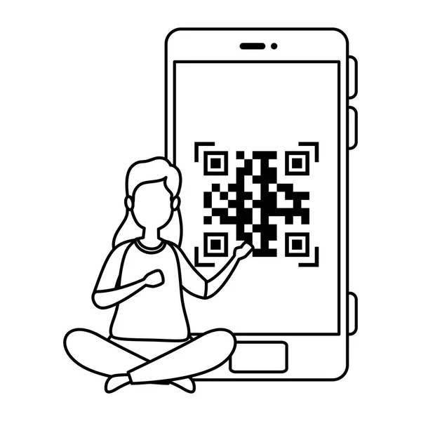 Frau und Smartphone-Gerät mit Scan-Code qr — Stockvektor