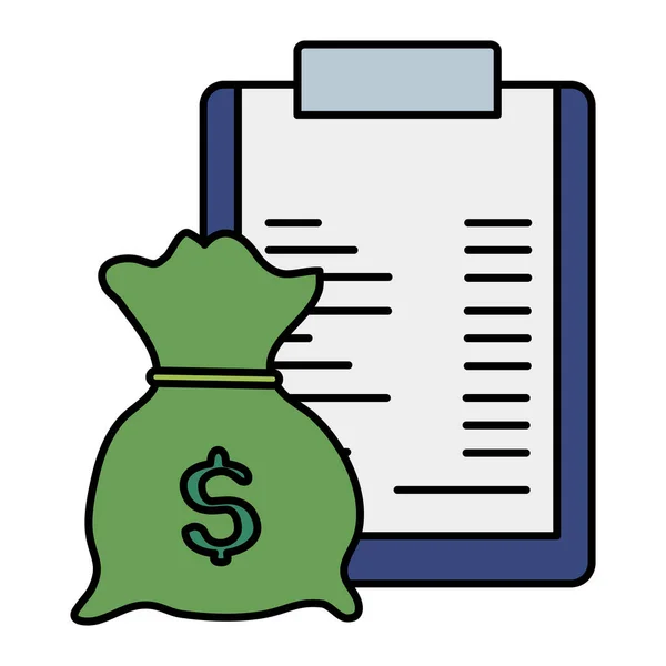 Prancheta com documento em papel e saco de dinheiro ícone isolado — Vetor de Stock