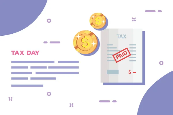 Tax day poster with document paid and coins — Stock Vector