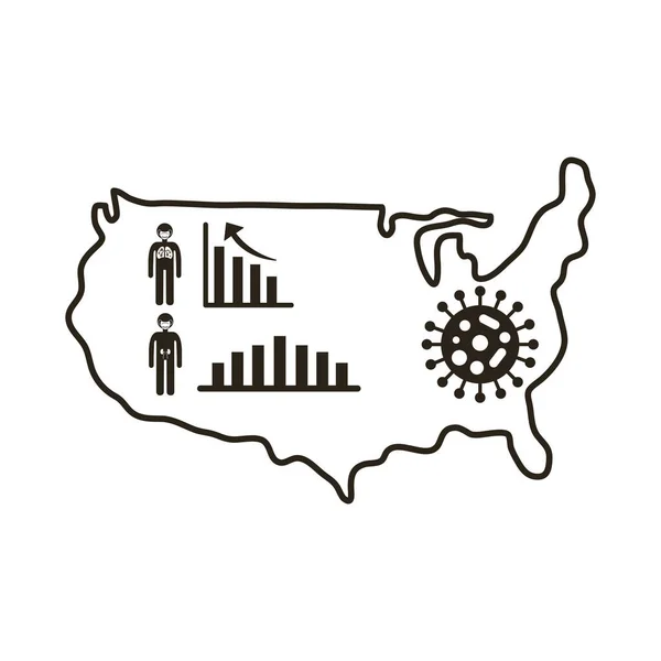 Carte des Etats-Unis avec des informations et des icônes covid 19, icône de style ligne — Image vectorielle