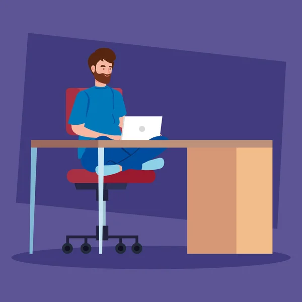 Man werkt telecommuting met laptop in bureau — Stockvector