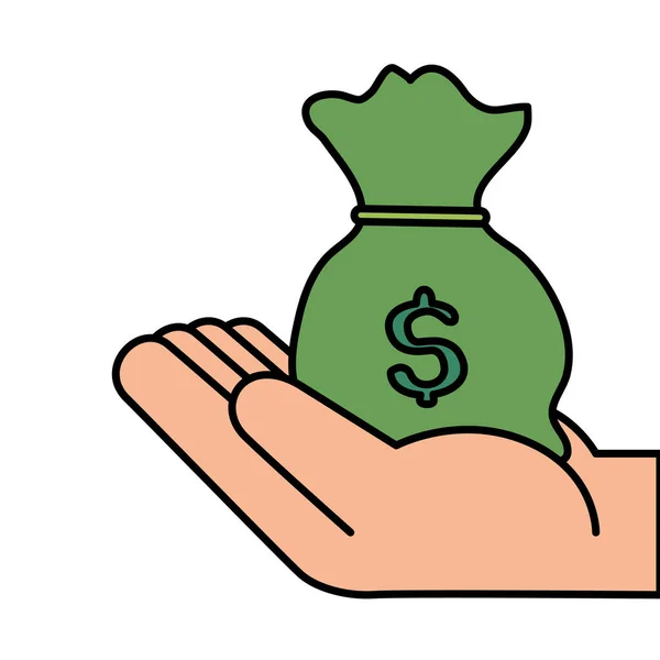 Hand met geld zak geld geïsoleerde pictogram — Stockvector