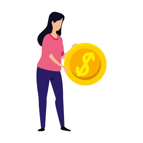 Žena a mince peníze hotovost izolované ikona — Stockový vektor