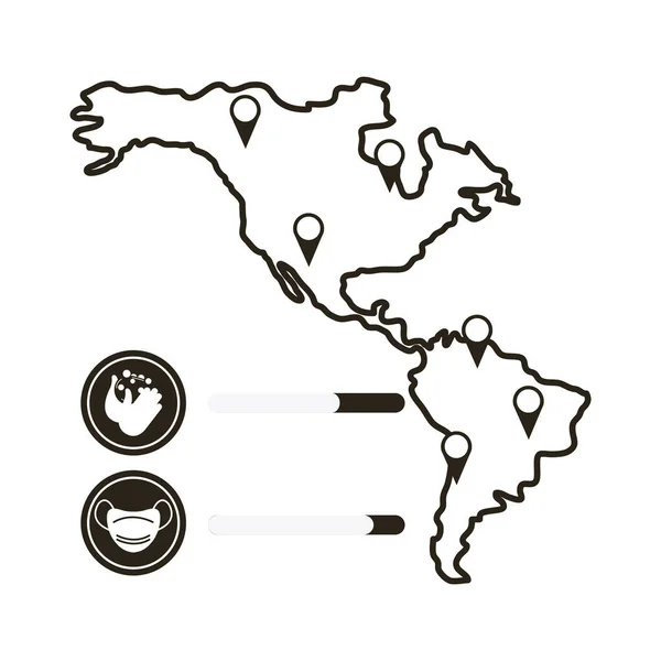 Carte du continent américain avec des informations et des icônes covid 19, icône de style ligne — Image vectorielle