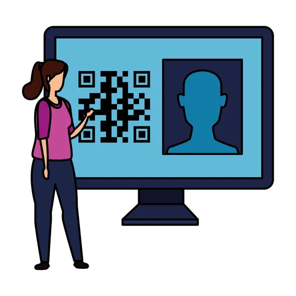 Mujer y computadora con código qr — Vector de stock