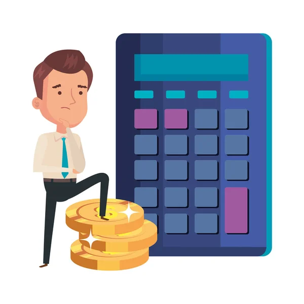 Калькулятор с бизнесменом и кучей монет — стоковый вектор