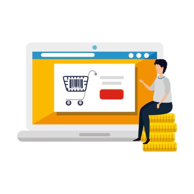 Dizüstü bilgisayarı ve QR kodu olan bir adam izole edilmiş simge