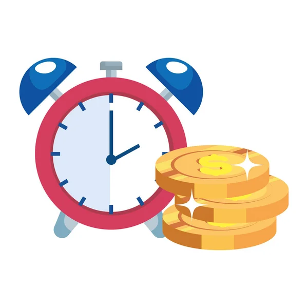 Pila de monedas con despertador icono aislado — Vector de stock