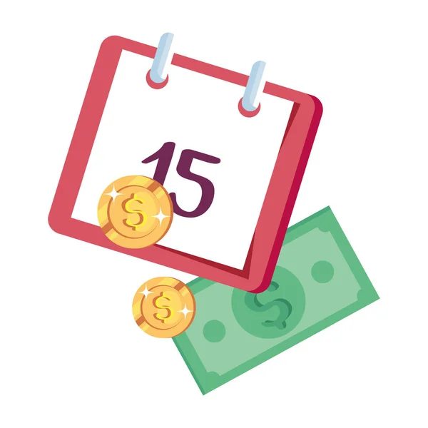 Mynt pengar med räkningar finansiering och kalender påminnelse — Stock vektor