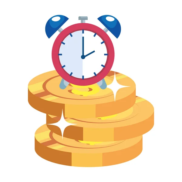 Pila de monedas con despertador icono aislado — Vector de stock