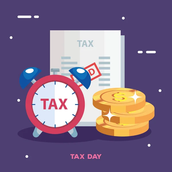 Affiche du jour de la taxe avec réveil et icônes — Image vectorielle