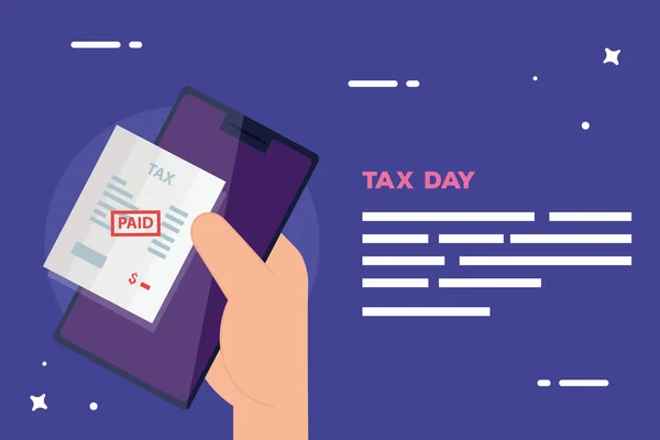 Affiche du jour de l'impôt avec smartphone utilisateur main et document payé — Image vectorielle
