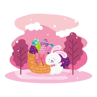 Yumurtalar sepetin içinde tavşanlı ve manzaralı