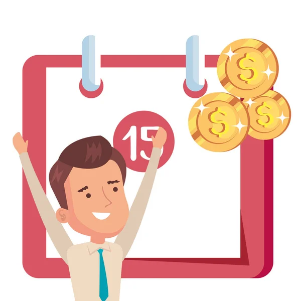 Kalender påminnelse med affärsman och mynt — Stock vektor