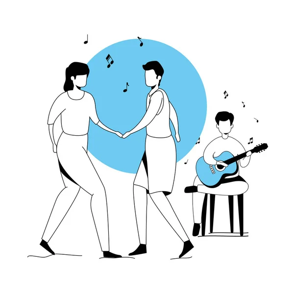 Man with guitar and couple dancing — Stock Vector