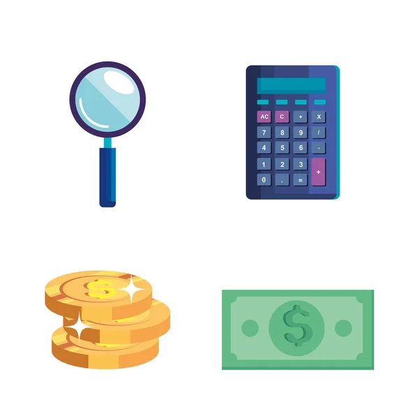 Calculator with magnifying glass and money cash — Stock Vector