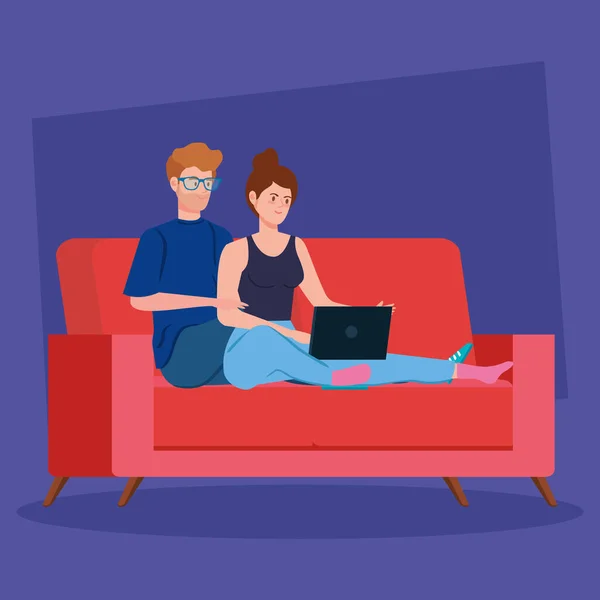 Couple working in telecommuting with laptop in couch — Stock Vector