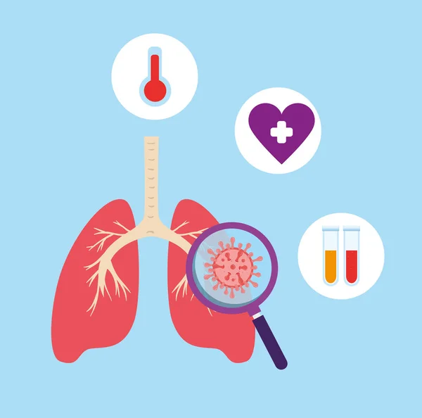 Lungs with set icons of covid 19 — Stock Vector