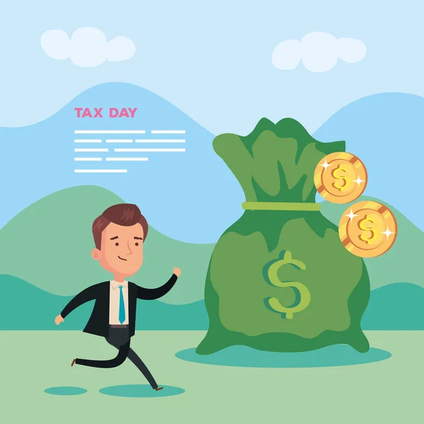 Affiche du jour de l'impôt avec homme d'affaires dans le paysage avec des icônes — Image vectorielle
