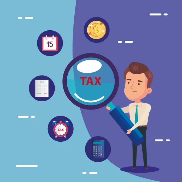 Affiche du jour de l'impôt avec homme d'affaires et des icônes ensemble — Image vectorielle