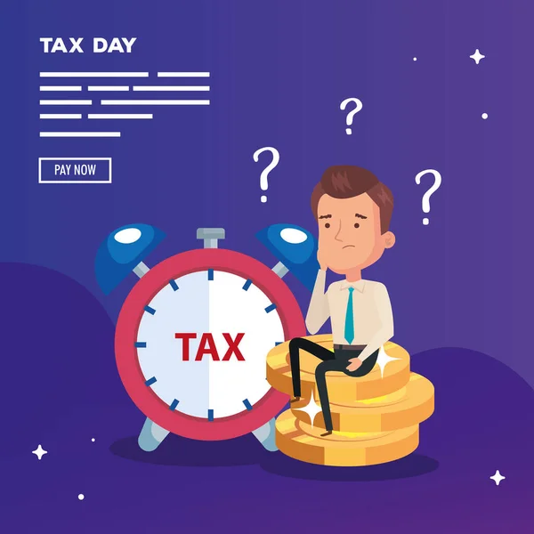 Affiche du jour de l'impôt avec homme d'affaires et icônes — Image vectorielle