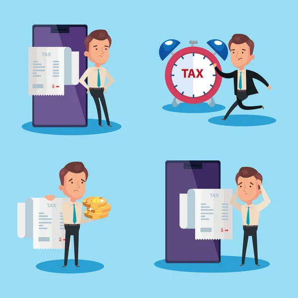 Définir des scènes de l'affiche du jour de l'impôt avec des icônes — Image vectorielle