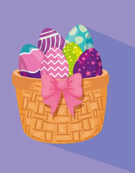 Cute eggs easter decorated in basket wicker — Stock Vector