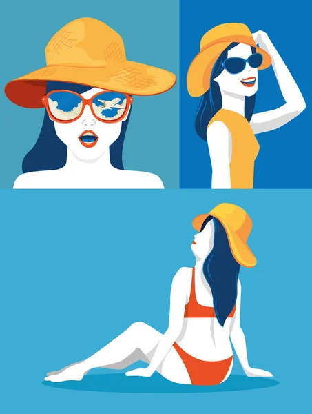 Cartel conjunto de mujeres con sombreros de verano — Vector de stock