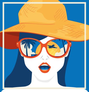 seyahat afişi ve şapkalı kadın yüzü.