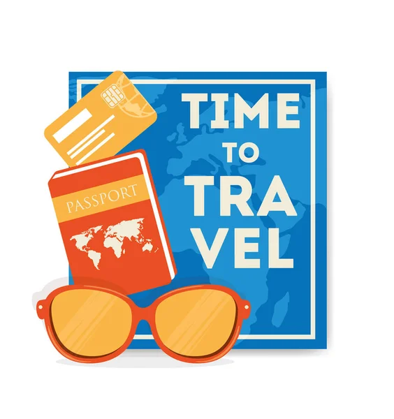 Affiche de voyage dans le temps avec passeport et icônes — Image vectorielle
