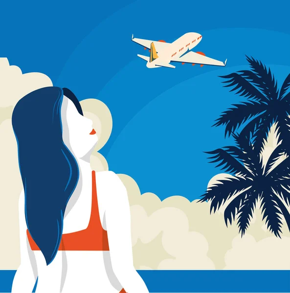 여자와 비행기를 타고 여행하는 포스터 — 스톡 벡터