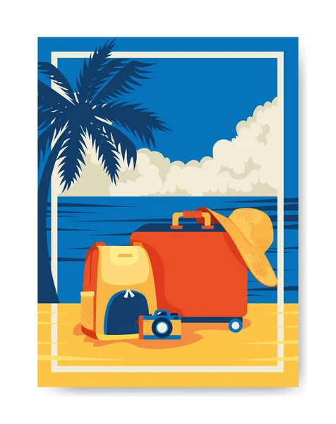 Affiche de voyage avec bagages dans le paysage de la plage — Image vectorielle